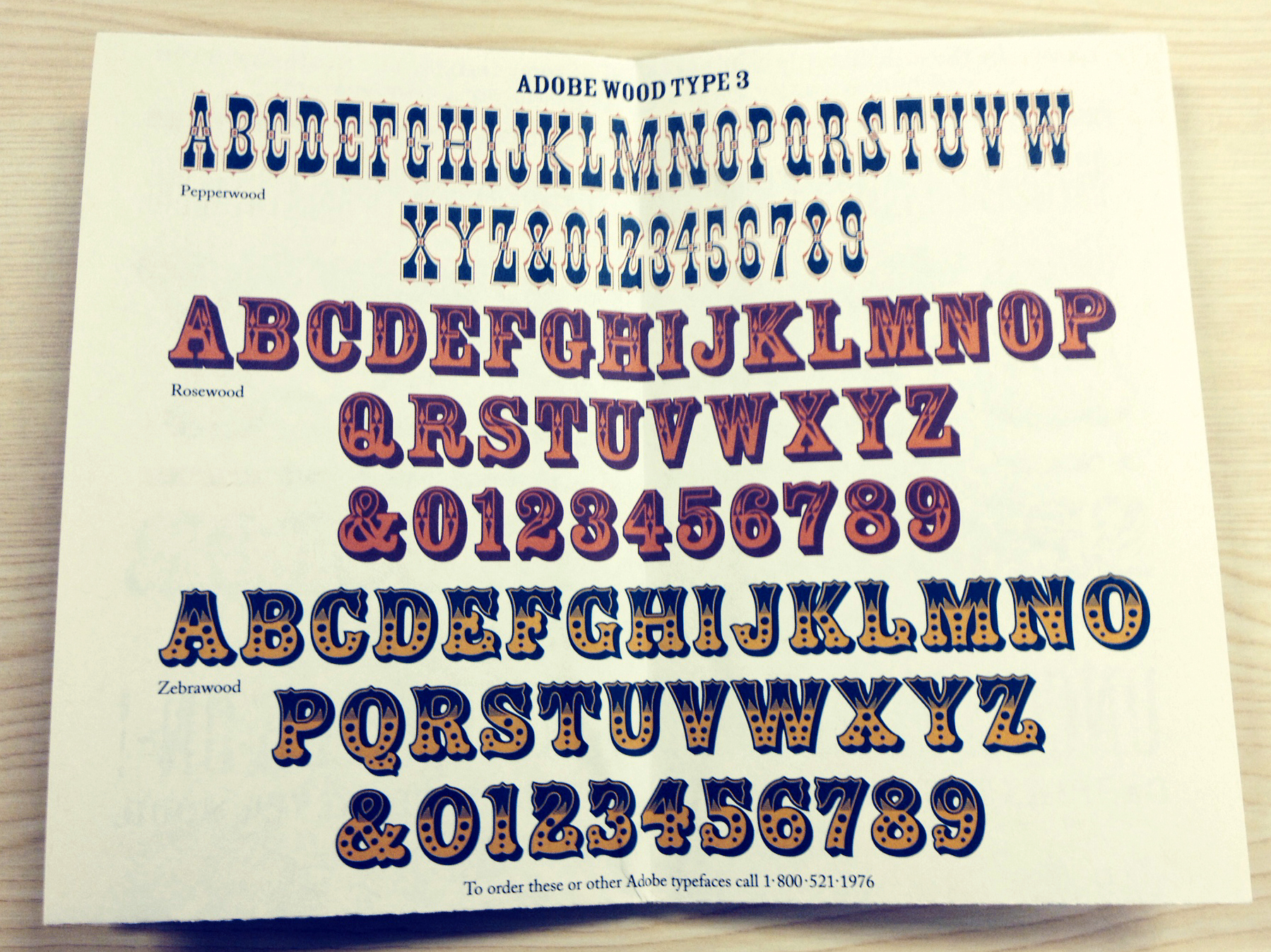 Character set for the Adobe Wood Type 3 package: Pepperwood (based on an 1877 ornamented Celtic typeface from Vanderburgh, Wells, and Company); Rosewood (based on a chromatic design by William H. Page, circa 1874);, and Zebrawood (modeled after alphabets shown in a specimen catalogue from the Wells and Webb Type Company, circa 1854).