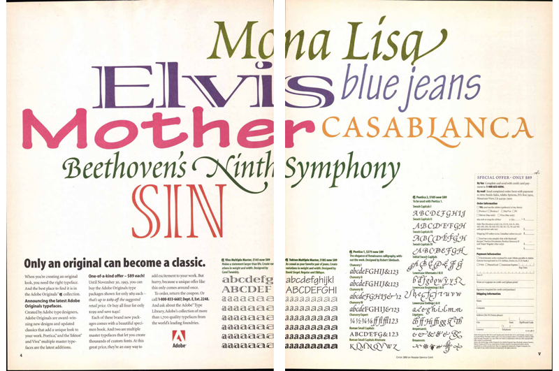 Two-page advertisement for Adobe’s multiple master fonts, published in “U&lc,” Vol. 20, No. 1, Spring 1993, by International Typeface Corporation. Image courtesy of Monotype. (Click image to access a PDF of the entire issue.)