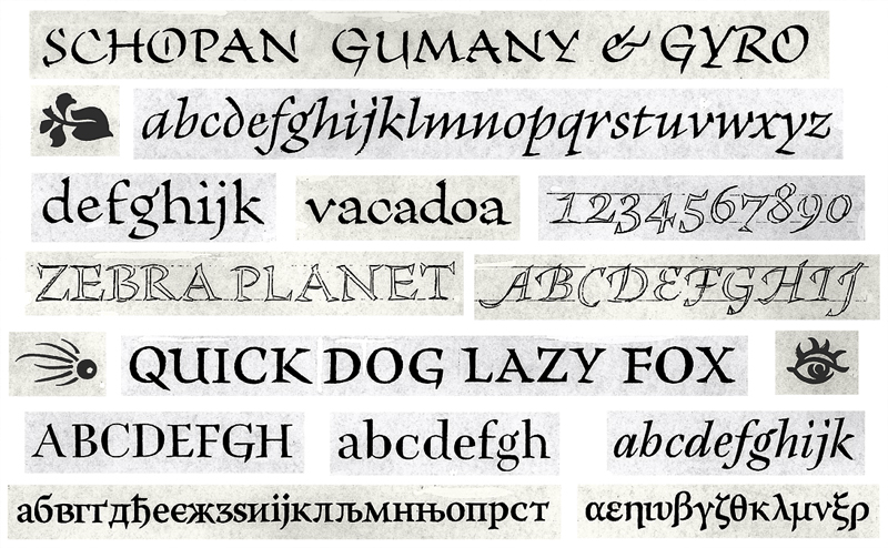 NEW CAPTION: Robert Slimbach’s broad-edged pen exercises and pencil sketches from the development of Warnock Pro. Slimbach was an early advocate of broadening language support in the Adobe Originals, inspiring him to learn to design Greek, Cyrillic, Arabic, and Hebrew in order to extend his Western character sets.