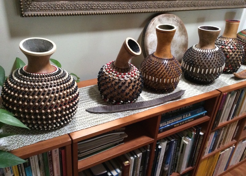 Carol Twombly’s hand-beaded percussion instruments made from gourds. Photo by Tamye Riggs.